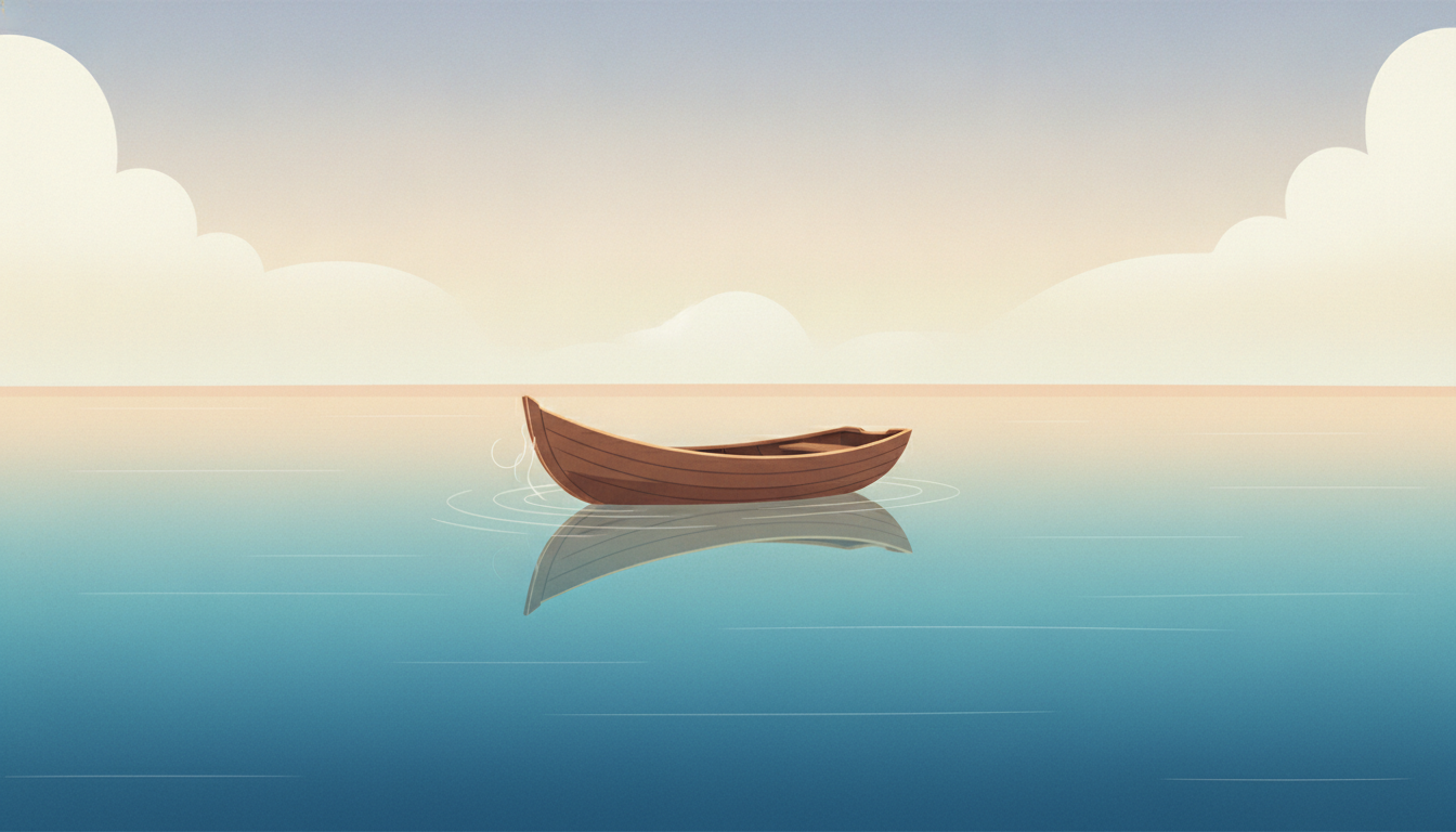 Ruhiger See mit Boot, das den Parasympathikus darstellt, Erholung, Verdauung und Entspannung des Nervensystems symbolisierend.
