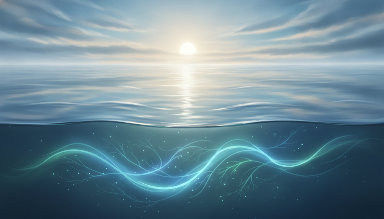 Metaphorische Darstellung eines klaren Geistes: Ruhiges, fließendes Wasser spiegelt einen heiteren Himmel wider, mit sanften Energieströmen.