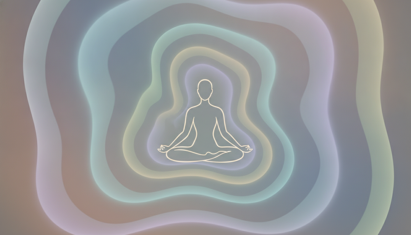 Eine ruhige Figur umhüllt von sanften Schallwellen, die sich in beruhigende, lebendige Lichtmuster verwandeln und Entspannung sowie Balance ausstrahlen.