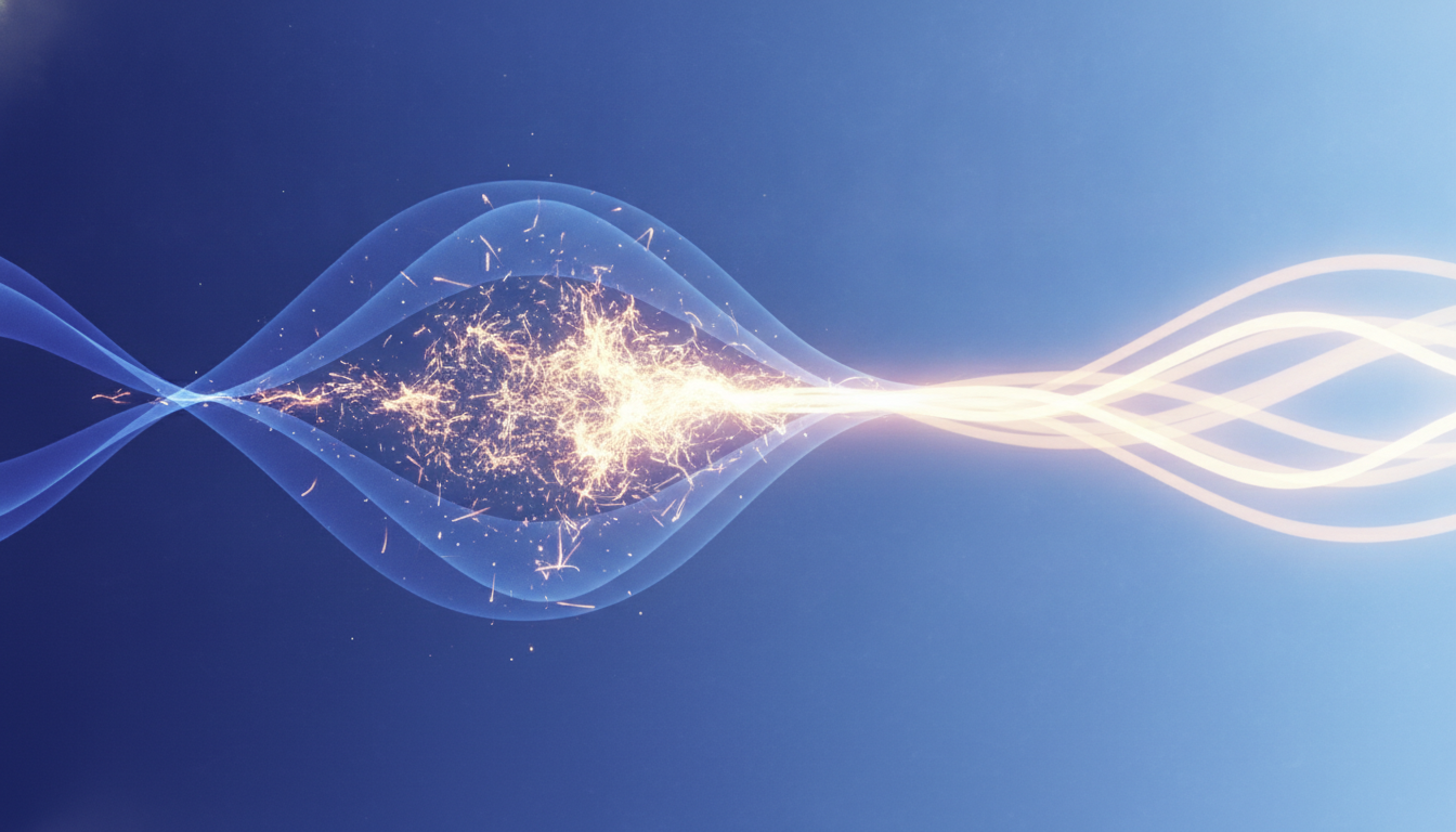 Abstrakte Darstellung von rhythmischen, pulsierenden Schallwellen, die ein verstreutes, turbulentes Lichtmuster sanft in einen synchronisierten, ruhigen und organisierten Fluss lenken.
