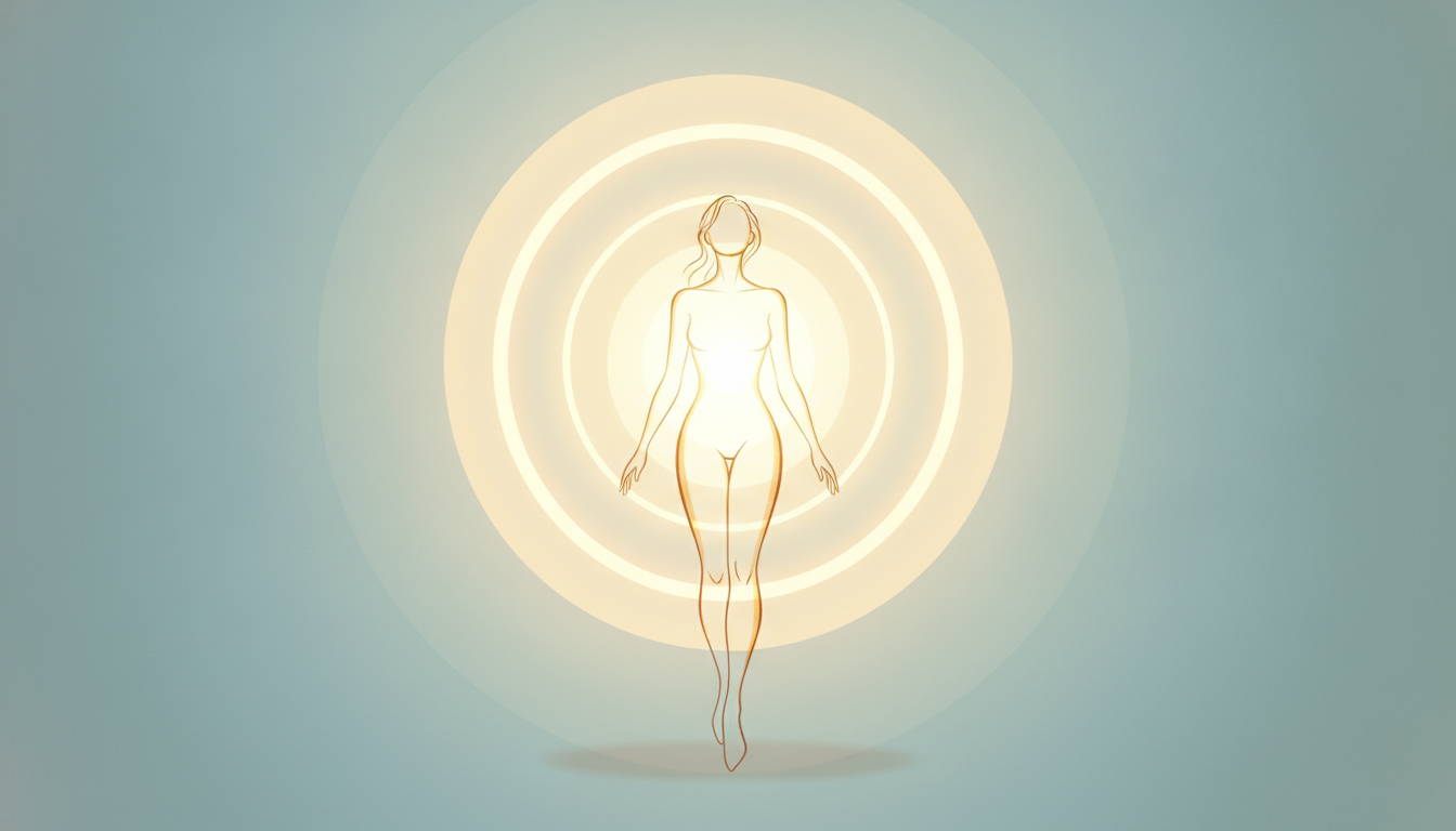 Goldenes Licht strahlt aus der Brust einer Person, Symbol für Authentizität und inneren Frieden.