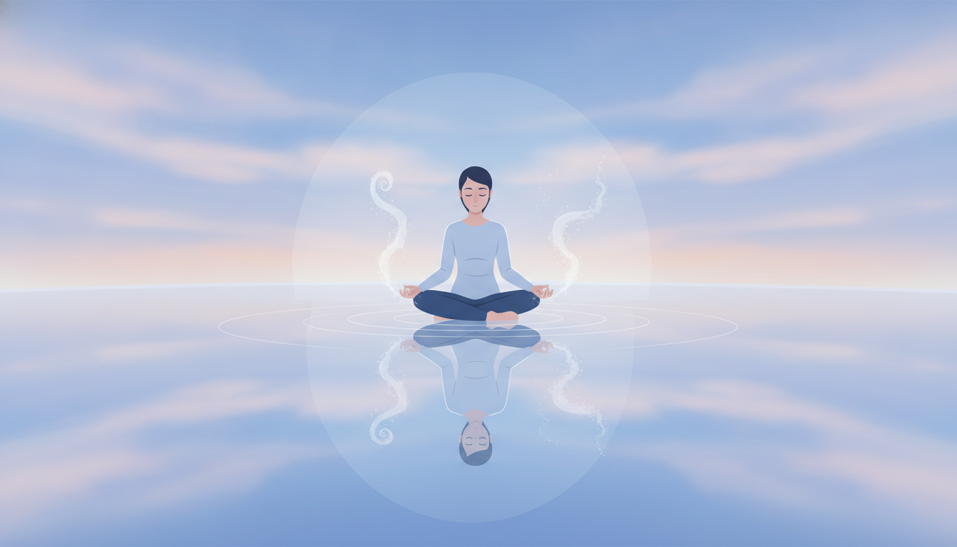 Meditierende Person, ruhiger See, Abendhimmel, Wasseroberfläche, Dampf, Gedankenklarheit, Entspannung, Schlafvorbereitung