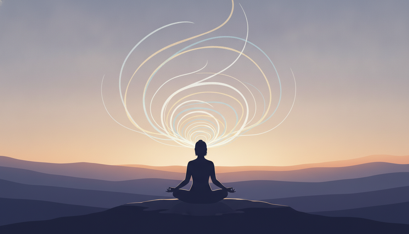Friedliche Silhouette einer meditierenden Person in einer ruhigen Landschaft, deren Kopf sanfte, harmonisierte Lichtmuster ausstrahlt, die tiefe Ruhe und mentale Konzentration symbolisieren, oft erreicht durch Techniken wie binaurale Beats.