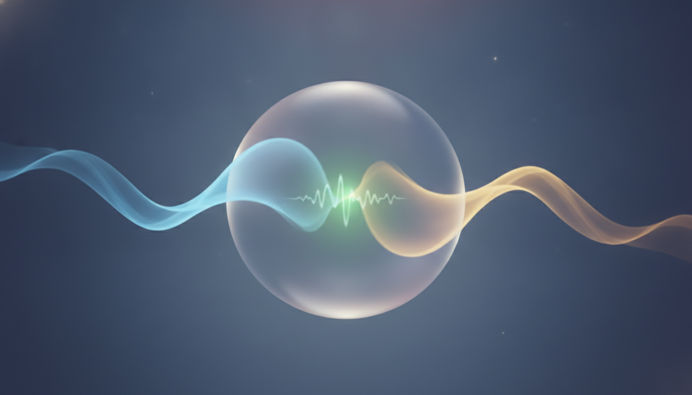 Zwei getrennte farbige Lichtströme (blau, gelb) treten in eine leuchtende Kugel ein, in der eine dritte, harmonische grüne Pulsation entsteht.