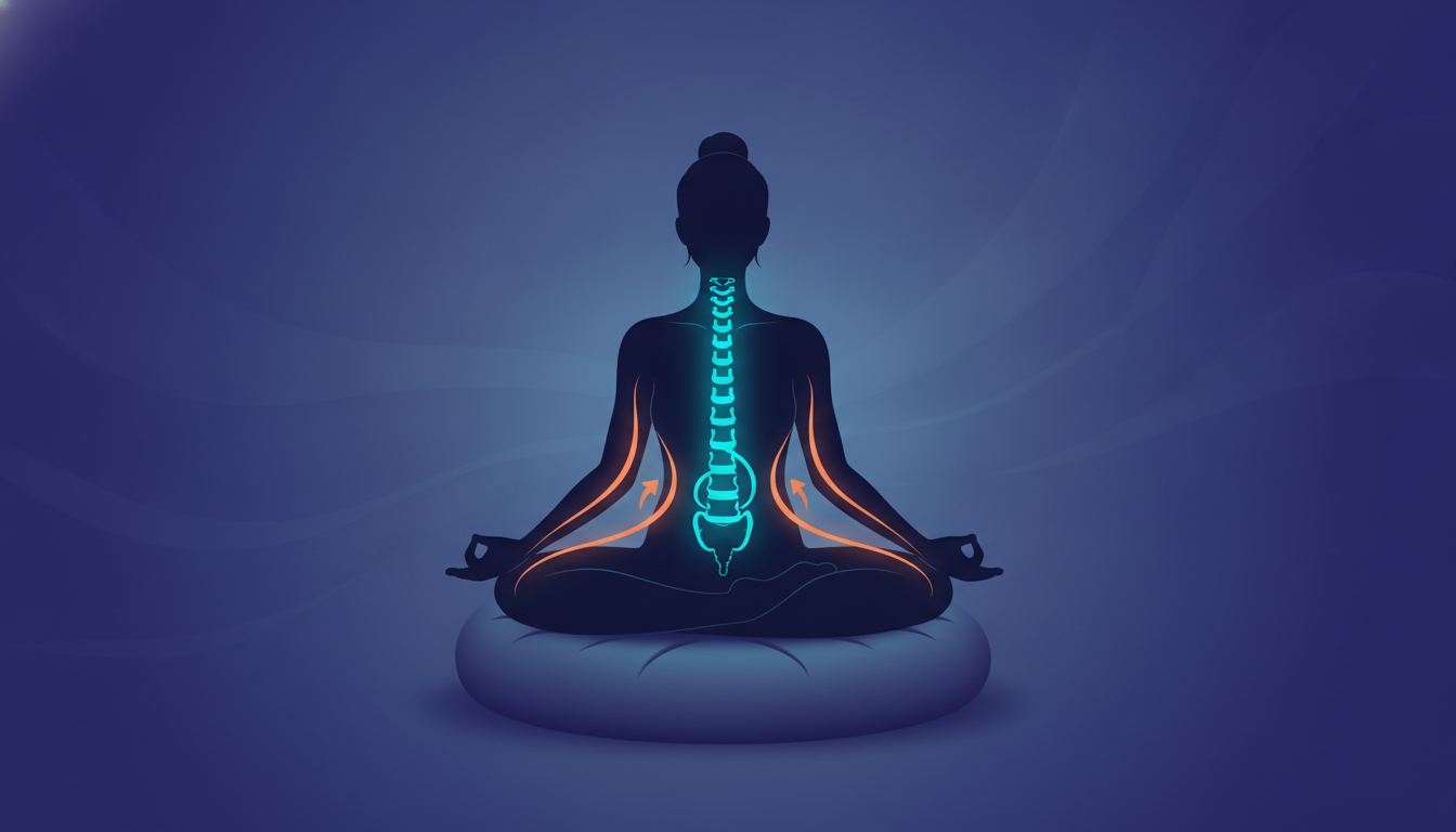 Eine Person im Schneidersitz auf einem Meditationskissen (Zafu), Hüften öffnend und Wirbelsäule ausrichtend für eine stabile Basis.