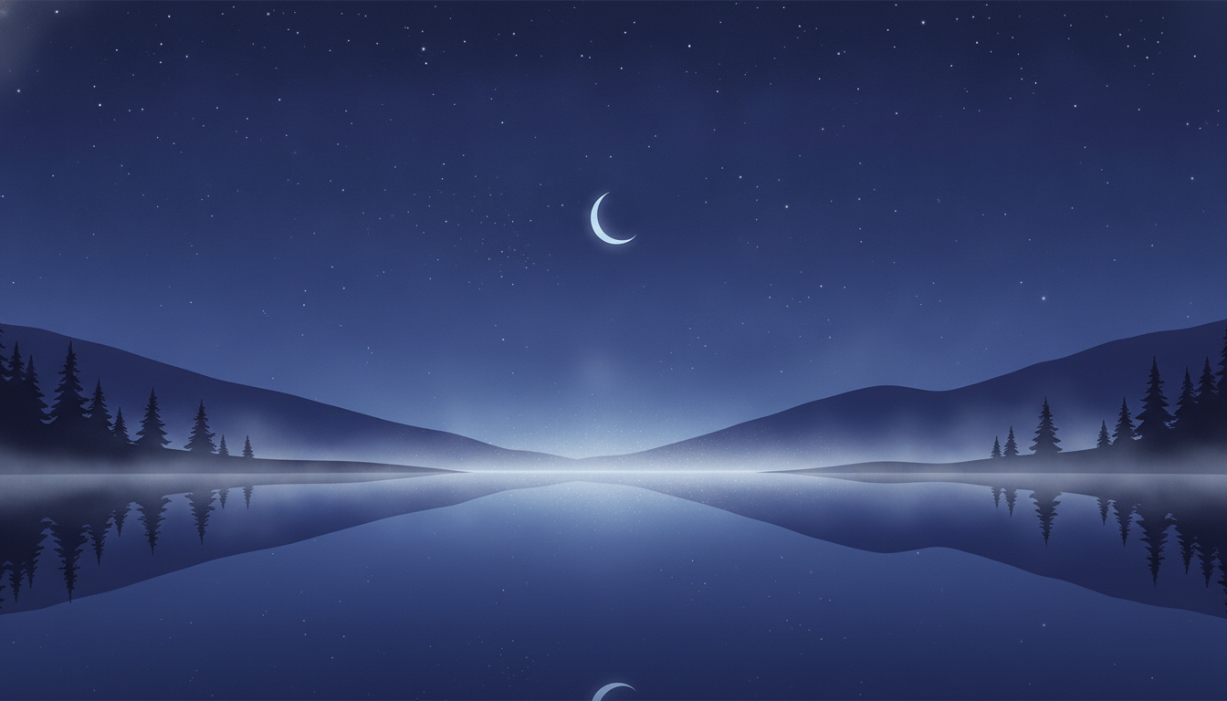 Ruhige Seenlandschaft bei Nacht mit Nebel, die tiefe Ruhe und erholsamen Schlaf symbolisiert.