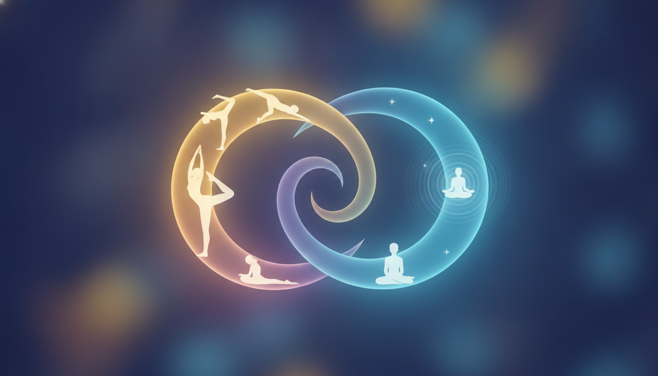 Zwei leuchtende, sich verschmelzende Wege: Yoga für körperliche Stärke und Meditation für geistige Klarheit, die zu einem harmonischen Fluss werden.