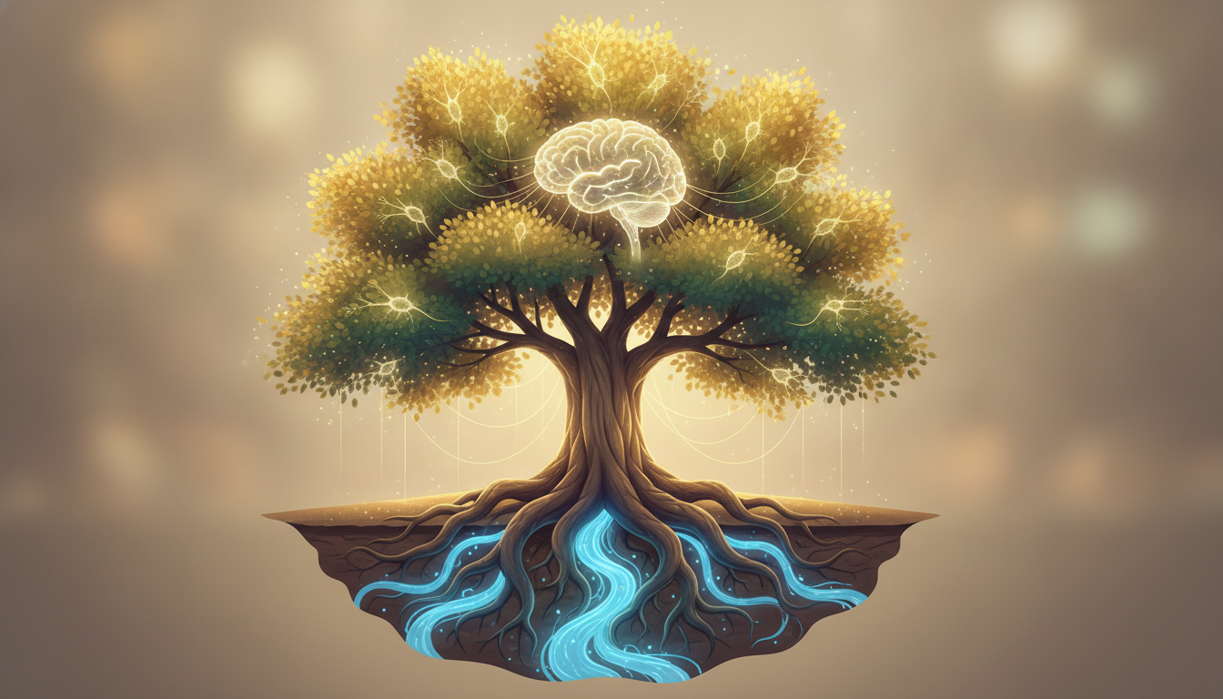 Kräftiger Baum mit tiefen Wurzeln, der klares Wasser erhält, symbolisiert Hydration und Darmgesundheit für die Gehirnfunktion.