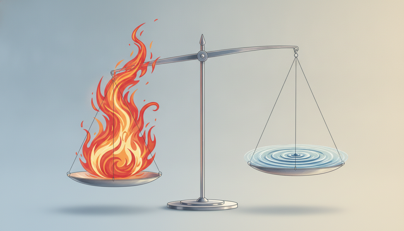 Ausgeglichene Waage mit Flamme für Sympathikus und Wasseroberfläche für Parasympathikus, symbolisiert die Harmonie des autonomen Nervensystems.