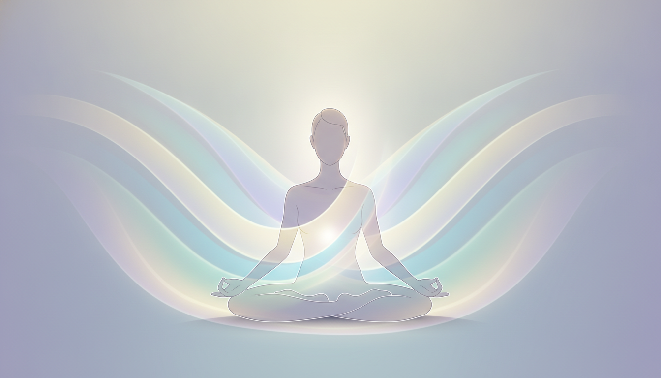Eine ruhige Gestalt umgeben von sanften, harmonischen Lichtwellen, die Ruhe und Revitalisierung bei chronischer Müdigkeit symbolisieren.