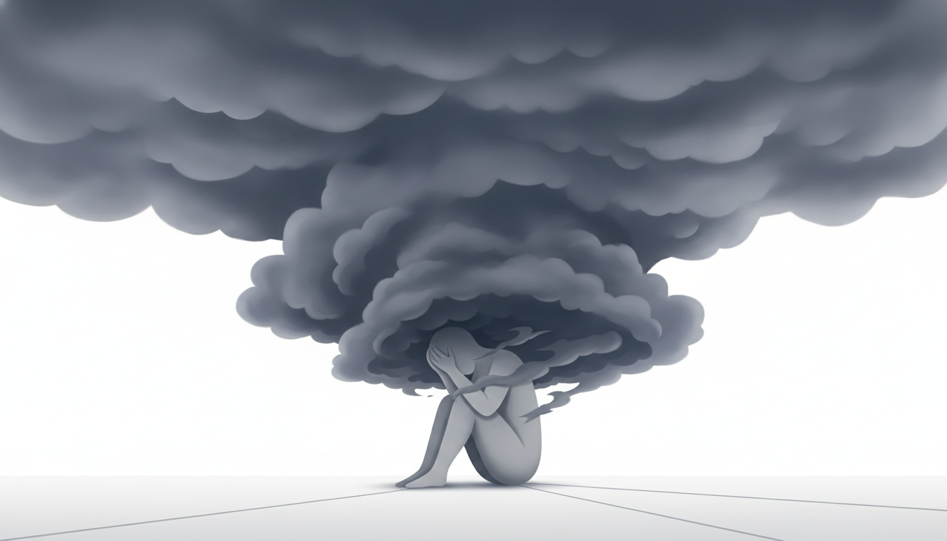 Eine Figur sitzt unter einer schweren, bedrückenden dunklen Wolke, die überwältigenden Stress und mentale Belastung symbolisiert.