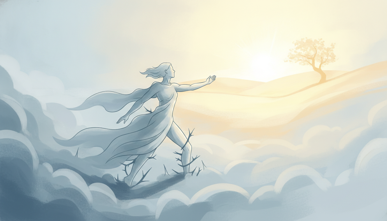 Eine Figur tritt aus dichtem Nebel des Selbstzweifels in eine sonnenverwöhnte Lichtung und streckt selbstbewusst die Hand in Richtung eines hellen Horizonts.