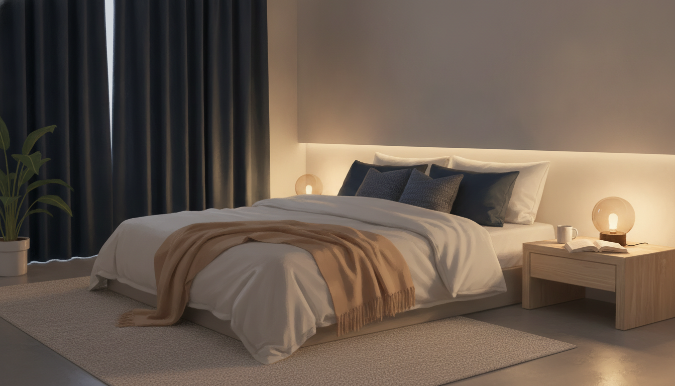 Gemütliches Schlafzimmer bei Nacht mit warmem Licht und bequemem Bett.