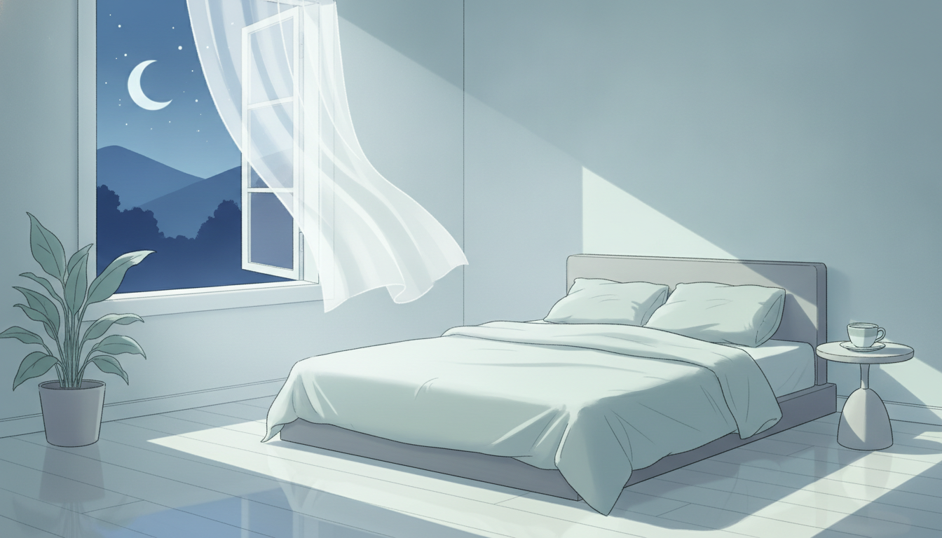 Ein friedlicher, schwach beleuchteter Raum mit weichen, kühlen Farben und einem offenen Fenster mit einer sanften Brise, der einen ruhigen und stillen Rückzugsort symbolisiert und zur Reduzierung von kognitiver Hyperarousal beiträgt.
