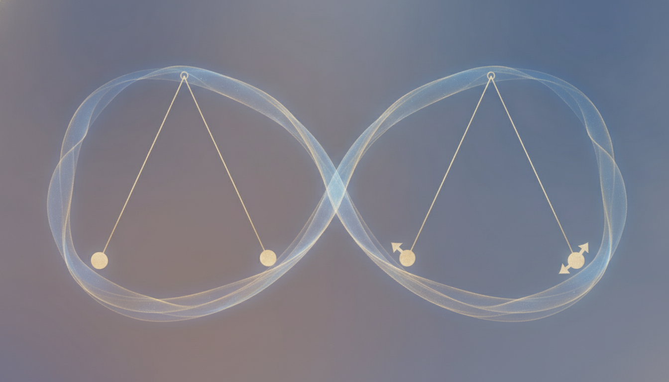 Zwei Pendel, die sich synchronisieren, um die Harmonisierung von Gehirnwellen und die Wirkung von binauralen Beats auf die mentale Ausrichtung zu symbolisieren.