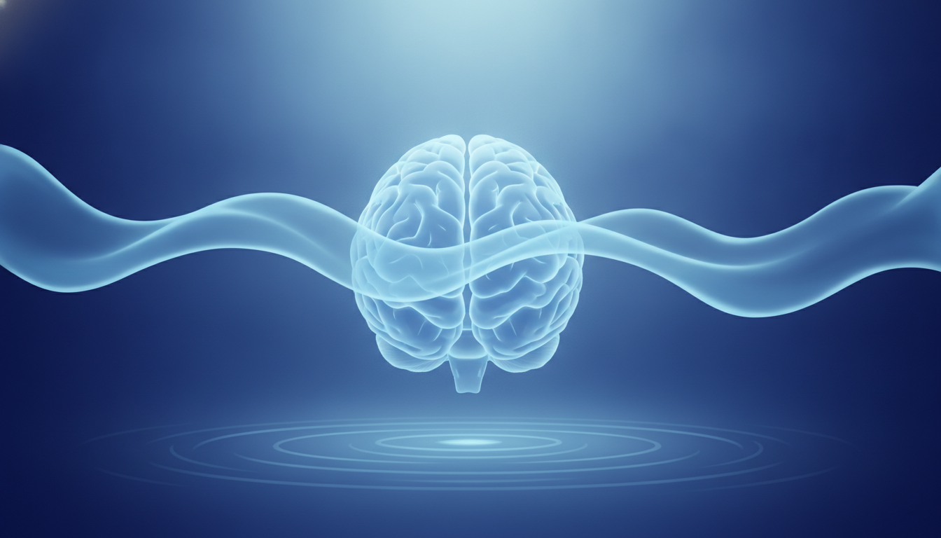 Ein leuchtendes Gehirn, das in einen sanften, reinigenden Strom von weichem blauem Licht getaucht ist und tiefe Ruhe und Regeneration symbolisiert.