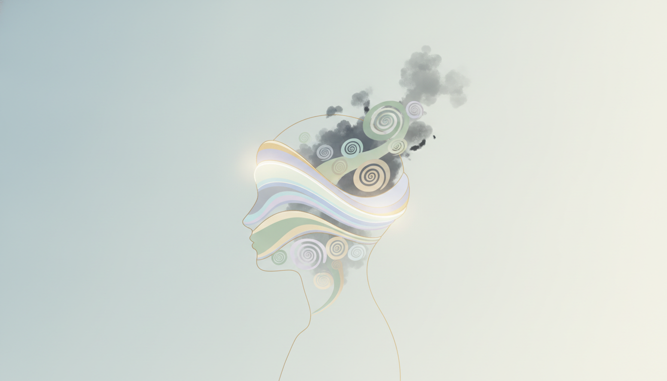 Sanfte, leuchtende Schallwellen lösen dunkle Stresswolken über dem Kopf einer Person in heitere, ruhige Muster auf, als Symbol für innere Ruhe.