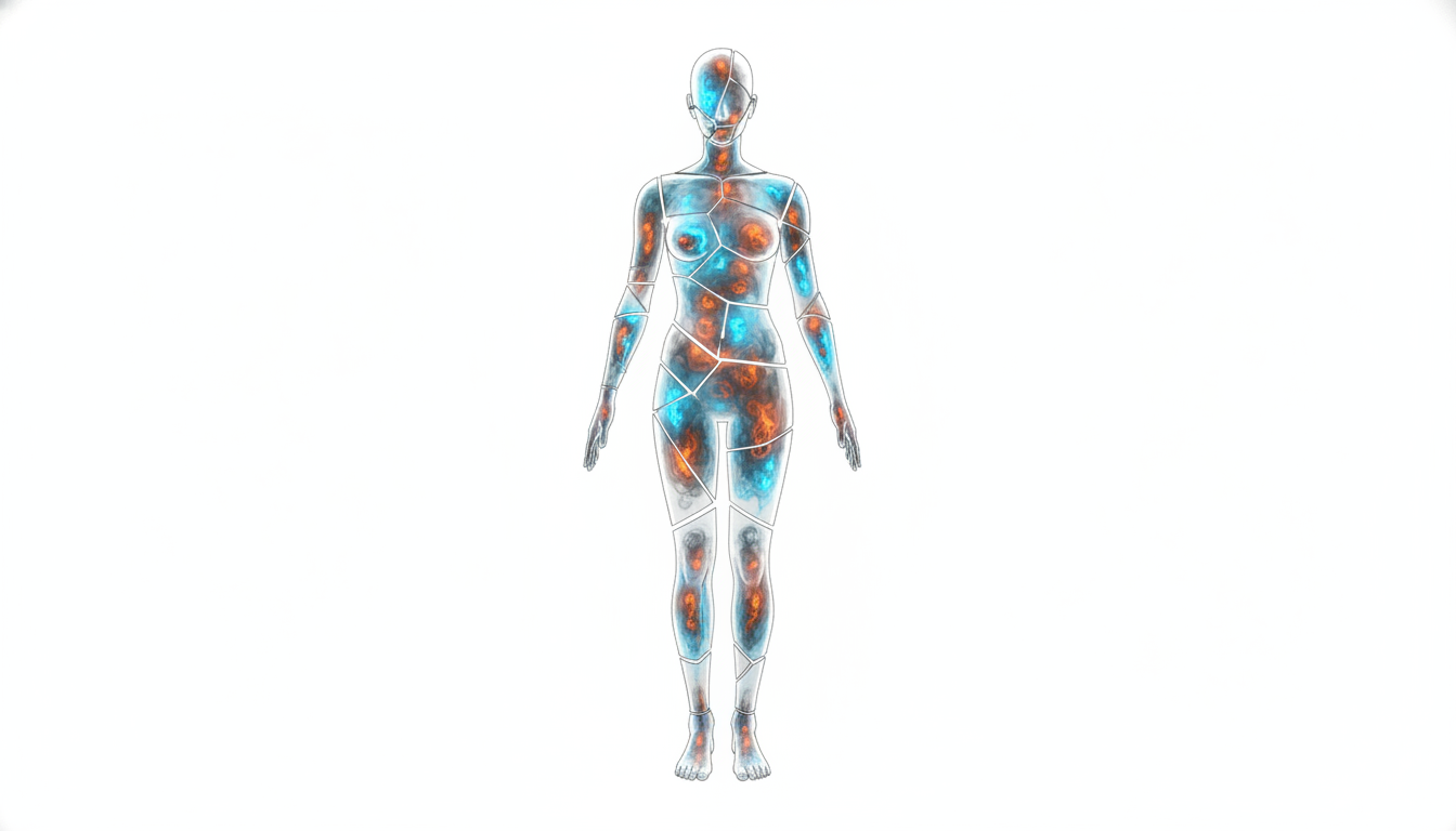 Menschliche Figur aus leicht verschobenen Segmenten, jedes mit internen Verzerrungen wie flackerndem Licht, symbolisiert kumulative körperliche Belastung und Dysfunktion durch Stress.