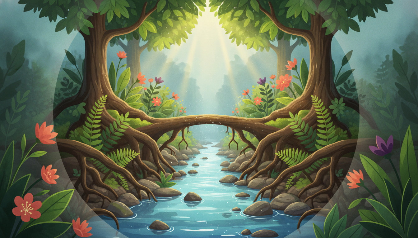 Ein ausgewogenes, lebendiges Ökosystem mit verwobenen Wurzeln, gesunden Pflanzen, einem klaren Bach und durchscheinenden Lichtstrahlen, das ganzheitliches Wohlbefinden und Resilienz symbolisiert.