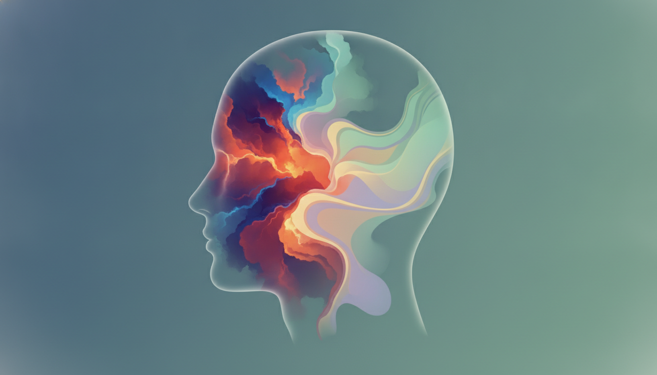 Sanfte Lichtmuster im menschlichen Kopf symbolisieren Neuroplastizität und Entspannung während der Meditation.