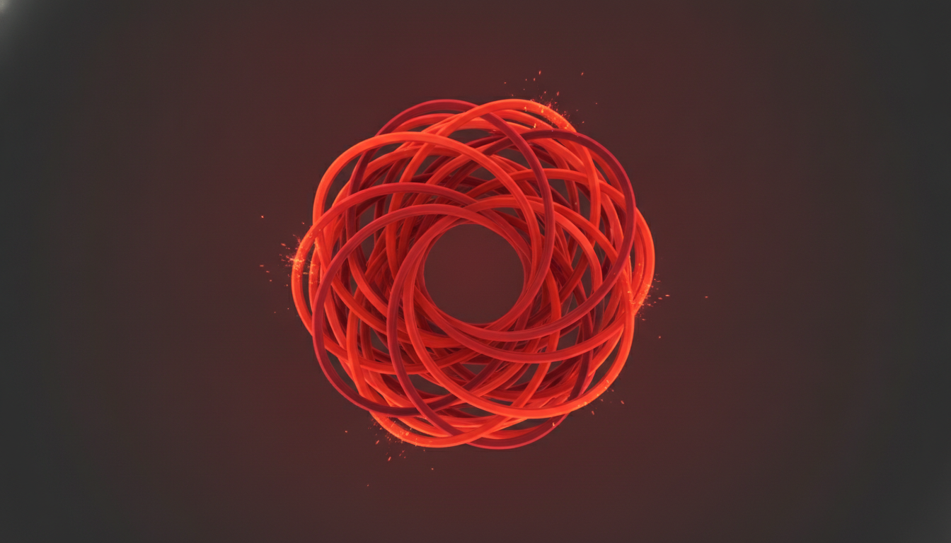 Ein chaotischer, verhedderter Knoten aus leuchtend roten und orangefarbenen Lichtströmen, der überwältigenden Stress und kleine Funken symbolisiert.
