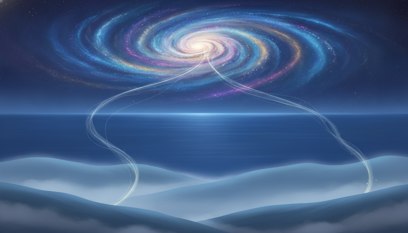 Nachtszene, sanfte Hügel, tiefer Ozean, leuchtende Galaxie, ätherische Energie, Übergang, Schlafhygiene