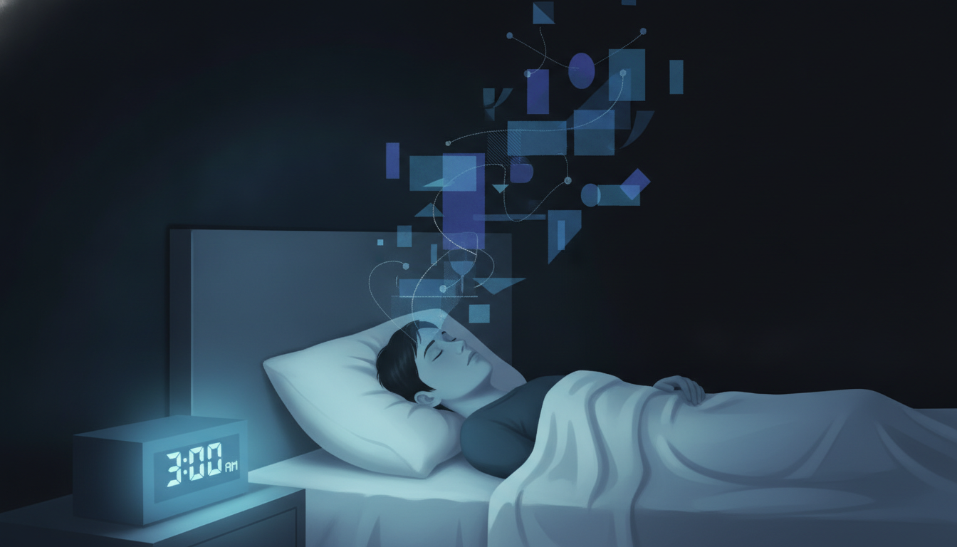 Person wach im Bett um 3 Uhr morgens mit digitalen Gedanken.