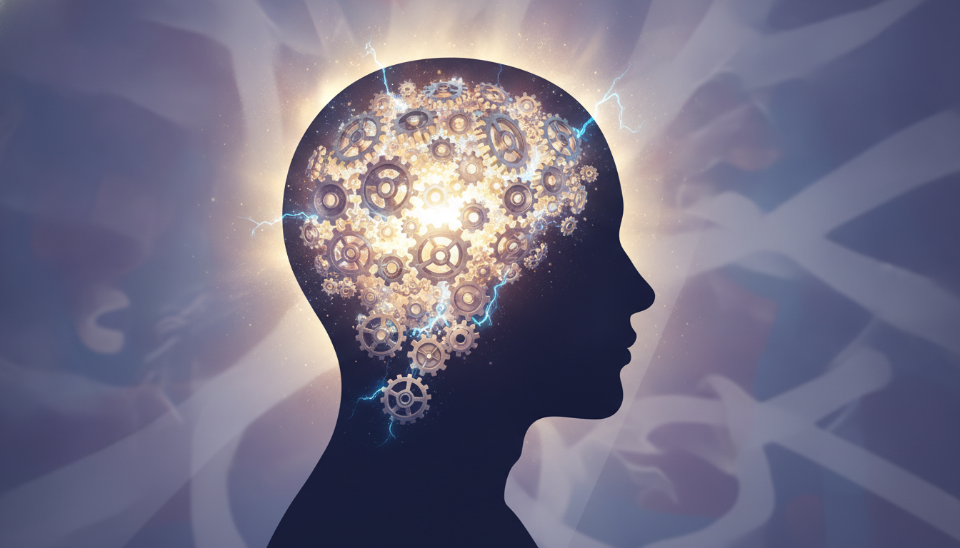 Ein Kopf gefüllt mit hellen, schnell drehenden Zahnrädern und Zahnrädern, die Licht und Energie ausstrahlen, vor einem verschwommenen, unruhigen Hintergrund vieler überlappender Gedanken, die kognitive Hyperarousal symbolisieren.
