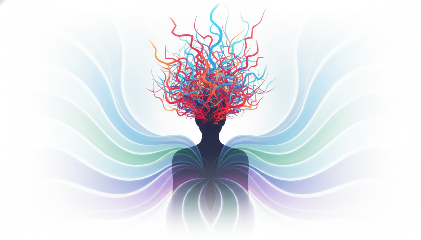 Silhouette einer Person, die von chaotischen zu ruhigen Energielinien übergeht, symbolisiert Entspannung.