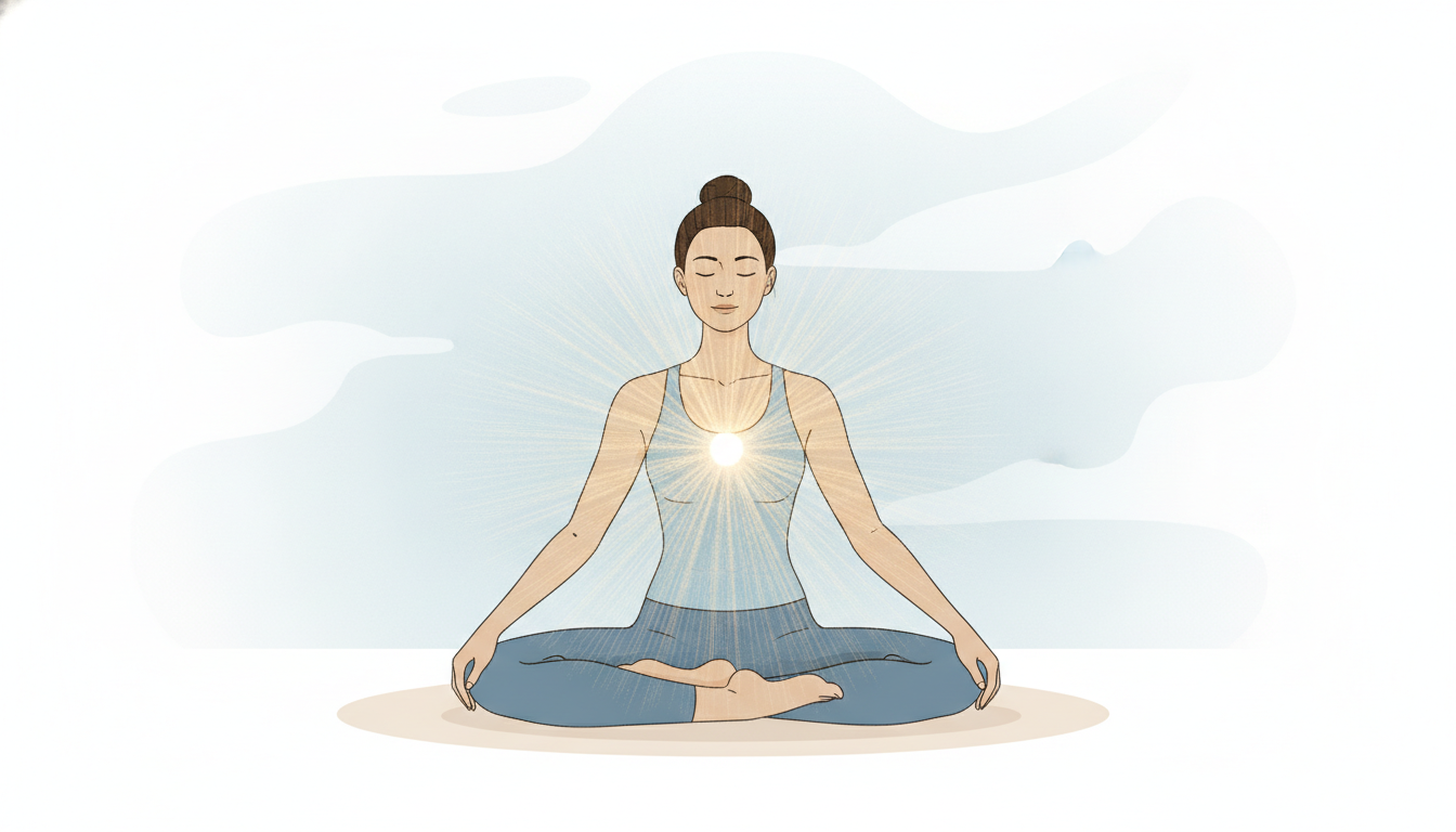 Eine Person in ruhiger Yogahaltung mit sanftem Licht aus der Brust, das körperliche Vorbereitung und inneren Frieden symbolisiert.