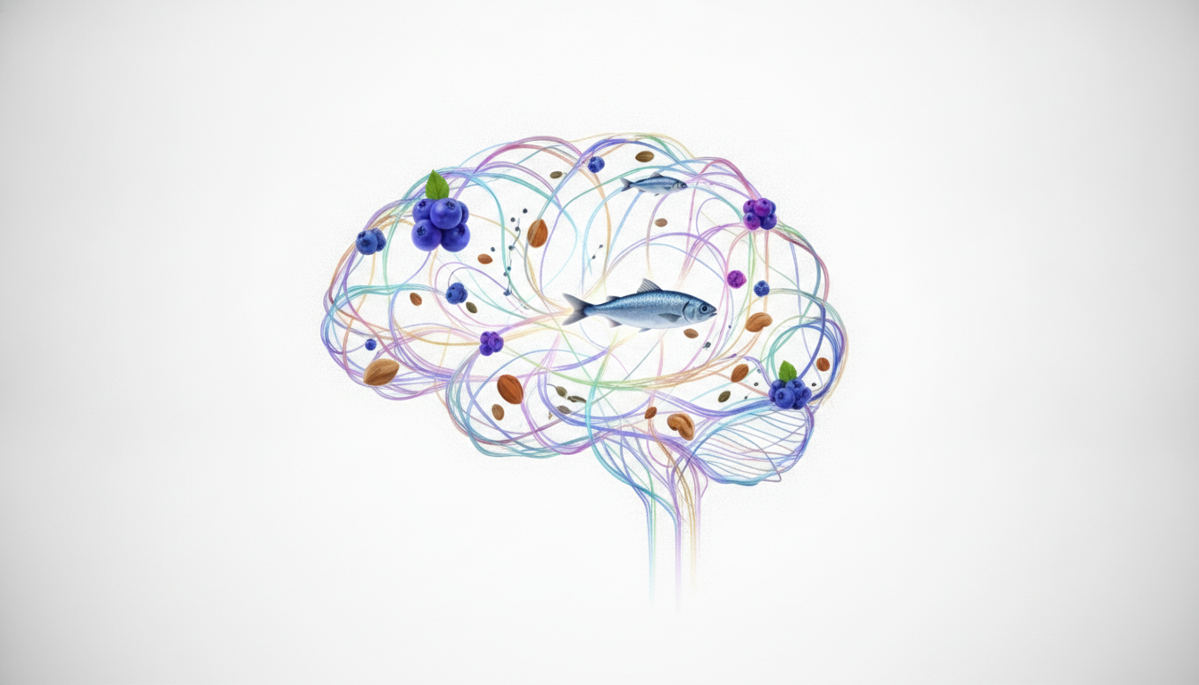 Leuchtendes neuronales Netzwerk, beleuchtet von bunten Lebensmitteln wie Beeren, Fisch und Nüssen, symbolisiert Gehirnernährung und Konzentration.