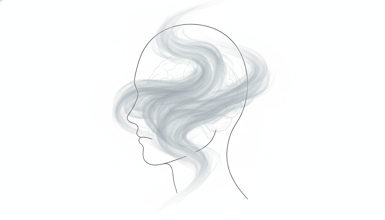 Kopf einer Person gefüllt mit wirbelndem, undurchsichtigem grauen Nebel, der klare Sicht und Gedanken verdeckt.
