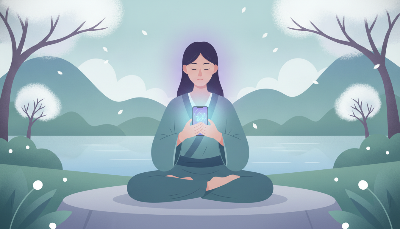 Person in ruhiger Umgebung nutzt Meditations-App auf Smartphone mit sanftem Bildschirmleuchten.